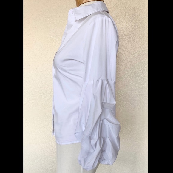 Cupio White Button-Up Blouse w/Puff Sleeves - Picture 3 of 5